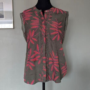 A New Day Mixed Media Jungle Tank w Fringe - Pink/Green - S/M